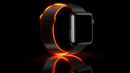 A sleek modern smart watch featuring a striking black design and an illuminated strap that creates a captivating visual effect against a dark background.の素材