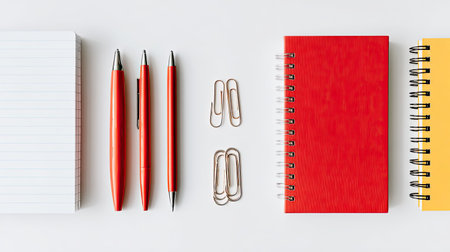 A visually appealing collection of office stationery items, including red and yellow notebooks, pens, and paper clips arranged thoughtfully on a white surface.の素材