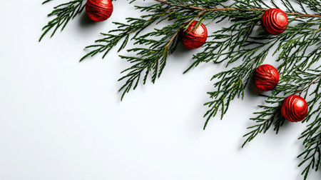 This image features lush green pine branches adorned with shiny red spherical ornaments, creating a vibrant and festive atmosphere perfect for holiday-themed projects.の素材