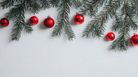 A beautiful arrangement of fresh pine branches adorned with shiny red ornaments on a clean white background, perfect for holiday-themed designs.の素材
