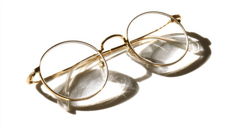 This image features a pair of elegant vintage round glasses with a gold frame resting on a white surface, casting soft shadows that enhance their sophistication.の素材