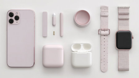 This image showcases an elegant arrangement of pink tech accessories, including a smartphone, earphones, and a smartwatch, capturing a modern aesthetic.の素材