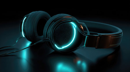 This image showcases futuristic headphones featuring glowing neon accents against a dark background. Ideal for technology, music, and lifestyle themes.の素材