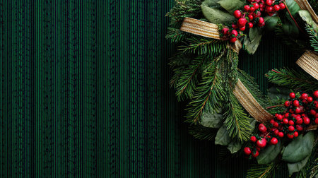 A beautiful Christmas wreath adorned with red berries and lush green leaves, set against a textured dark green background, perfect for holiday decor.の素材
