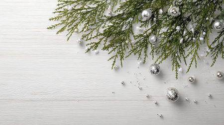 A beautiful arrangement of lush greenery and sparkling silver ornaments adorning a white wooden surface, perfect for holiday decor themes and festive celebrations.の素材