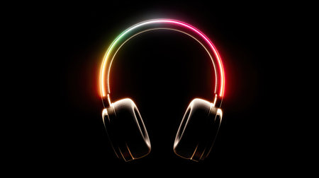 Vibrant headphones illuminated by a colorful neon light against a dark background, perfect for music, audio themes, and modern lifestyle visuals.の素材