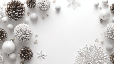 Captivating winter holiday arrangement featuring white decorations, pine cones, and snowflakes displayed on a clean background, evoking seasonal joy.の素材