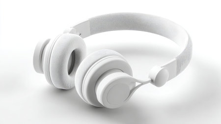 This image features a pair of elegant white wireless headphones designed for music lovers and sound enthusiasts. The clean, modern aesthetic emphasizes comfort and quality.の素材