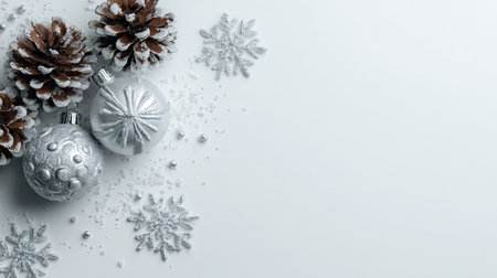 This serene image features elegant Christmas decorations, including silver ornaments, natural pine cones, and delicate snowflakes, perfect for festive designs.の素材