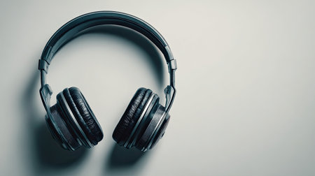 This image features a stylish pair of black over-ear headphones resting on a soft light background, highlighting their sleek design and modern aesthetics, perfect for music lovers.の素材