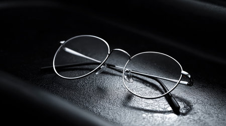 A pair of elegant metal frame glasses resting on a dark surface, featuring soft lighting that enhances the shadows and outlines, creating an artistic view.の素材