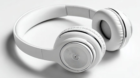 This image features a pair of stylish white wireless headphones, highlighting modern audio technology. Perfect for showcasing personal audio devices in sleek aesthetics.の素材