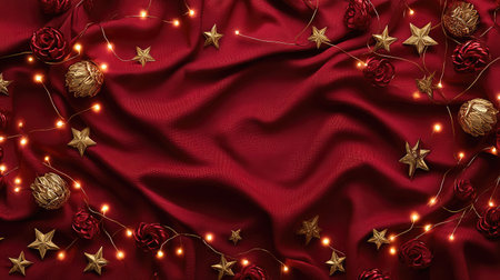 A stunning arrangement featuring rich red fabric adorned with golden stars, vibrant roses, and soft lights, perfect for creating a holiday ambiance.の素材