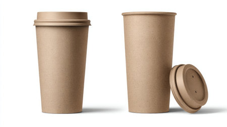 This image showcases eco-friendly brown paper coffee cups with a lid and an open design, perfect for sustainable packaging solutions. Ideal for cafes!の素材