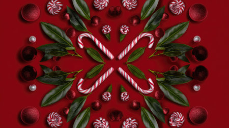 A vibrant holiday-themed composition featuring candy canes, festive ornaments, and lush greenery against a striking red background, perfect for seasonal decor.の素材