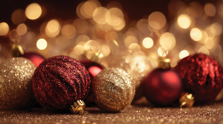 A collection of sparkling Christmas ornaments in rich colors of red and gold, set against a warm bokeh background, creating a festive atmosphere perfect for holiday celebrations.の素材