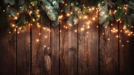 A charming display of pine branches adorned with twinkling lights, cascading above a rustic wooden backdrop, ideal for holiday themes.の素材
