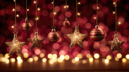 Delight in the beauty of holiday festivities with sparkling Christmas ornaments and golden stars, set against a vibrant red background and twinkling lights.の素材
