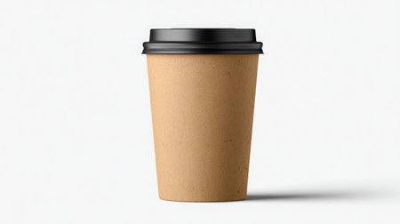 This image features an eco-friendly disposable coffee cup with a black lid, set against a clean, minimalistic background, ideal for sustainable design projects.の素材