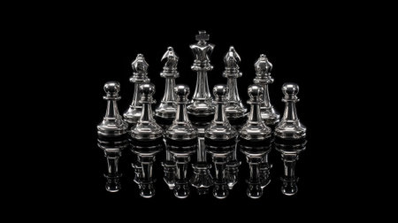 A beautiful arrangement of silver chess pieces displayed on a sleek reflective surface, set against a deep black background that enhances their elegance and detail.の素材