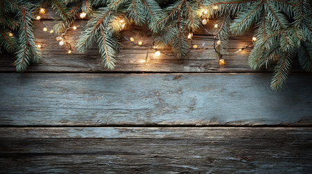 A beautiful rustic wooden background adorned with lush pine branches and soft twinkling lights, perfect for capturing the essence of holiday decor and seasonal warmth.の素材
