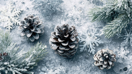 A serene winter scene featuring frosty pine cones and delicate snowflakes surrounded by evergreen sprigs on a textured icy background. Perfect for seasonal themes.の素材