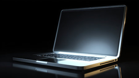 A modern laptop with an illuminated screen on a dark background, perfect for highlighting sleek designs and advanced technology in work settings.の素材
