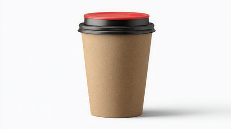 A stylish eco-friendly coffee cup features a red lid, perfect for showcasing sustainable beverage options in the food industry. Ideal for branding and lifestyle imagery.の素材