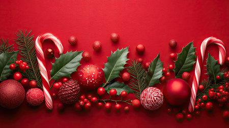 A vibrant arrangement of red Christmas ornaments, candy canes, and holly create a joyful and festive decoration for the holiday season.の素材