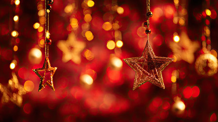 This enchanting image features shimmering golden stars hanging against a rich red background, creating a warm and festive atmosphere perfect for holiday celebrations.の素材