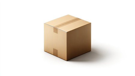 A plain brown cardboard box sits on a white background, offering a simple yet versatile option for packaging, shipping, and storage needs.の素材