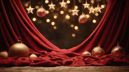 This captivating image showcases an elegant Christmas scene featuring shiny ornaments and golden stars draped against a rich red backdrop, evoking festive warmth.の素材