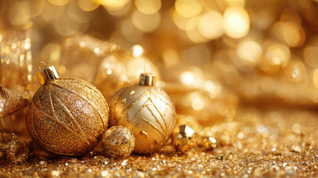 A stunning display of gold Christmas ornaments shines beautifully against a sparkling bokeh background, perfect for holiday celebrations and festive decorations.の素材