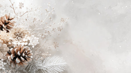 A beautiful and elegant floral arrangement featuring pinecones and dried leaves set against a soft marble background. Perfect for seasonal decor and design.の素材