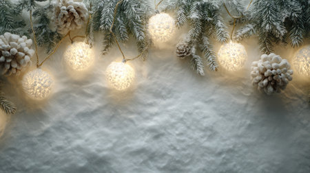Captivating winter scene featuring festive decorations with warm lights, snow, and pine cones, creating a cozy atmosphere perfect for the holiday season.の素材