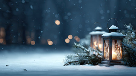 This enchanting winter scene features frosty lanterns casting a warm glow amid a snowy landscape, accented by blurred bokeh lights and pine branches.の素材