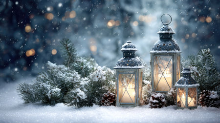 A serene winter scene featuring decorative lanterns surrounded by snow-covered pine branches and pinecones, creating a magical and cozy ambiance.の素材