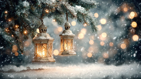 These vintage lanterns enhance the beauty of a winter landscape, featuring snowflakes, twinkling lights, and serene atmosphere perfect for holiday spirit.の素材