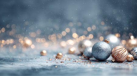 This captivating Christmas scene features elegant silver and gold ornaments scattered on a soft background, creating a festive atmosphere filled with sparkle and joy.の素材