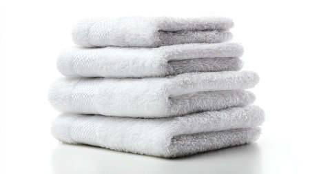 A collection of soft, plush white towels stacked neatly against a minimalist background, perfect for showcasing comfort and cleanliness in home or spa settings.の素材