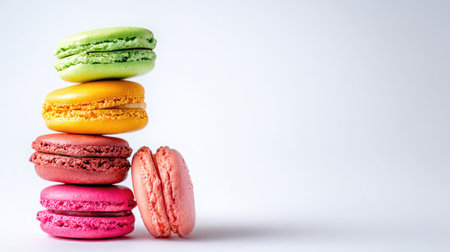 A visually appealing image of stacked colorful macarons against a white background, perfect for showcasing delightful desserts or pastry artistry.の素材