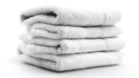 A neat stack of soft and fluffy white towels resting on a plain background. Perfect for various home dの素材