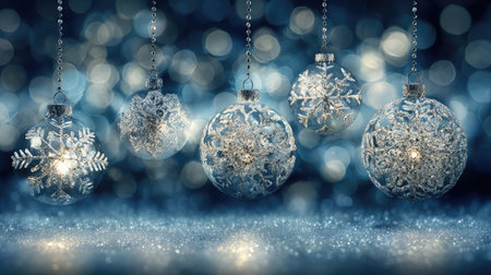 Stunning Christmas ornaments with intricate snowflake designs hang gracefully against a soft, blurry backdrop of winter lights, creating a magical holiday atmosphere.の素材