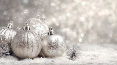 A stunning arrangement of elegant silver Christmas ornaments resting on a snowy surface, enhanced by a soft bokeh effect for a magical holiday atmosphere.の素材