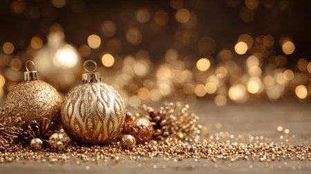 A captivating arrangement of shimmering gold Christmas ornaments on a textured surface, surrounded by sparkling bokeh lights, evoking warm festive feelings.の素材