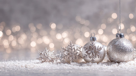 A beautiful arrangement of silver Christmas baubles and snowflakes on a sparkling background creates an enchanting winter scene, perfect for festive celebrations.の素材