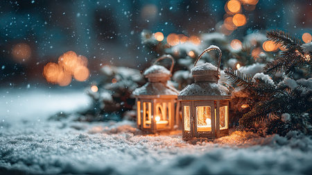 Beautiful winter scene featuring glowing lanterns surrounded by fresh snow and pine, creating a cozy atmosphere perfect for the holiday season.の素材
