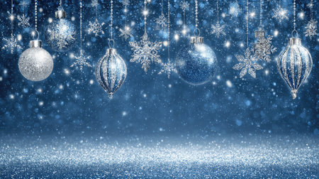 This enchanting blue winter wonderland features glittering ornaments and delicate snowflakes, creating a magical backdrop perfect for holiday celebrations.の素材