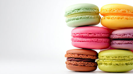 A vibrant stack of colorful macarons on a clean white background, showcasing a range of flavors and textures, ideal for dessert lovers and culinary art.の素材