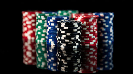 This striking image showcases a vibrant assortment of stacked poker chips in various colors against a black background, highlighting their reflective surface for a captivating gambling theme.の素材